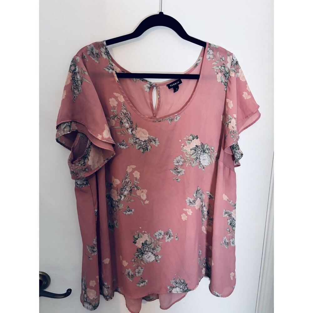 Torrid Pink Floral Chiffon Ruffle Flutter Sleeve Tunic Top Women Plus 2XL